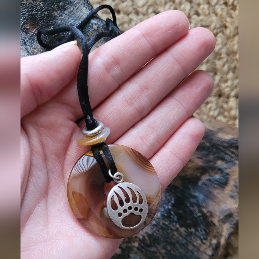 Polished Agate Donut and Sterling Stamped Bear Claw Pendant Necklace